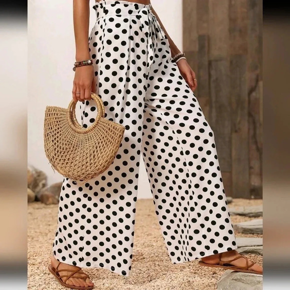 Polka Dot Print Loose Casual Wide Leg Pants - Picture 1 of 6